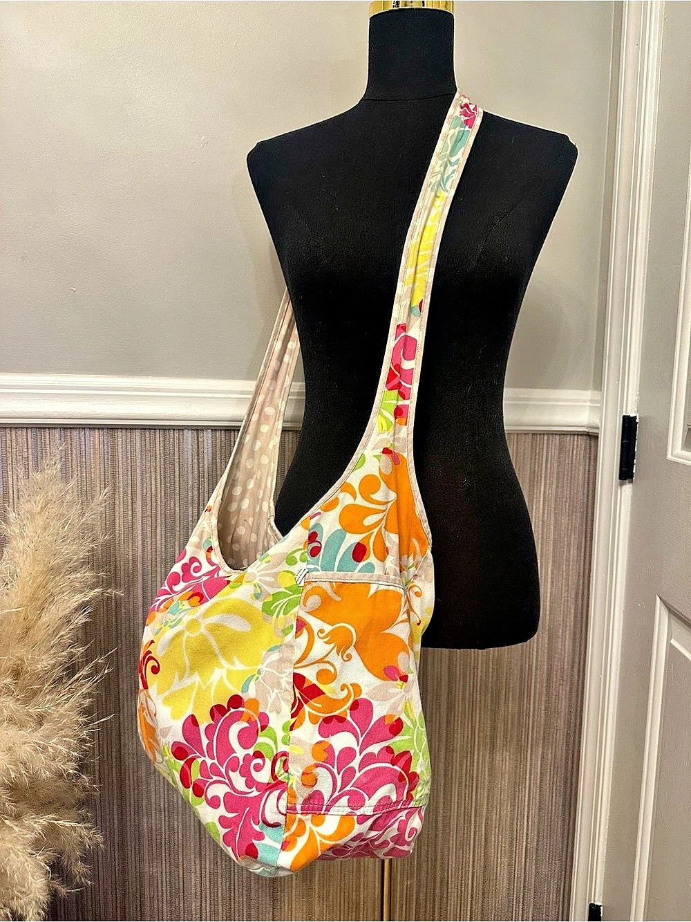 Thirty-One Reversible Floral Polka Dot Crossbody Hobo Bag